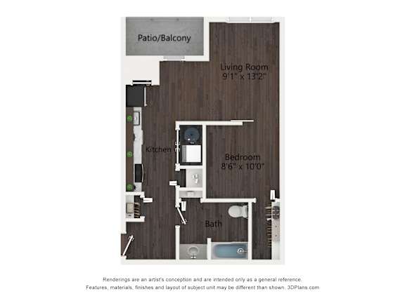 A floor plan of a small apartment with a living room, kitchen, bedroom, and bathroom.