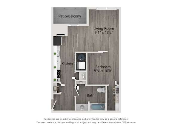 A floor plan of a small apartment with a living room, kitchen, bedroom, and bathroom.