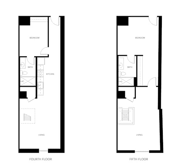 A floor plan of a two story building with labeled rooms.