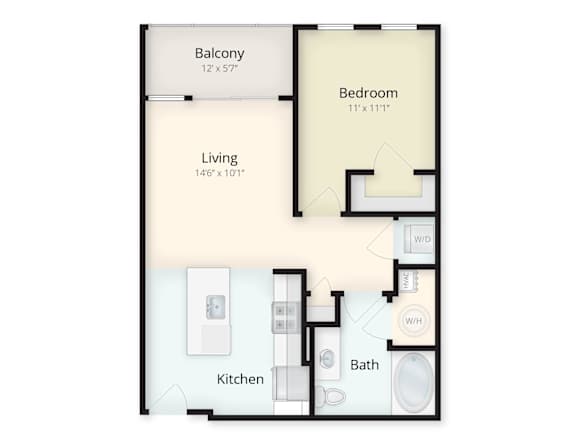 A floor plan of a small apartment with a living room, kitchen, bathroom, bedroom and balcony.