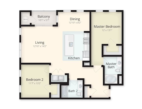 A floor plan of an apartment with a living room, kitchen, two bedrooms, a master bedroom, and a balcony.
