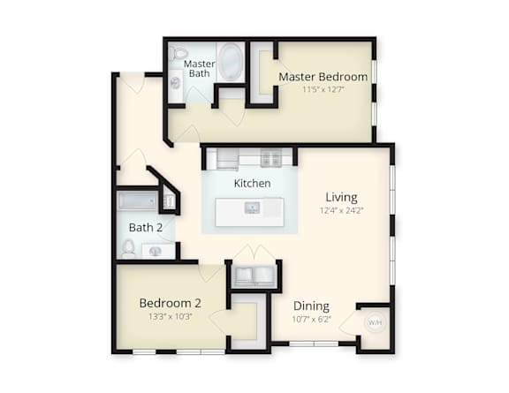 A floor plan of a house with a master bedroom, a kitchen, a dining area, a living room, and two bathrooms.