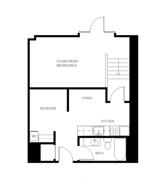 A floor plan of a house with a living room, kitchen, bedroom and storefront workspace.