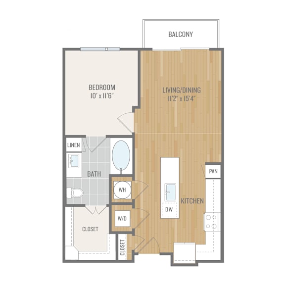 A floor plan of a balcony apartment with a bedroom, living/dining area, kitchen, bath, and closet.