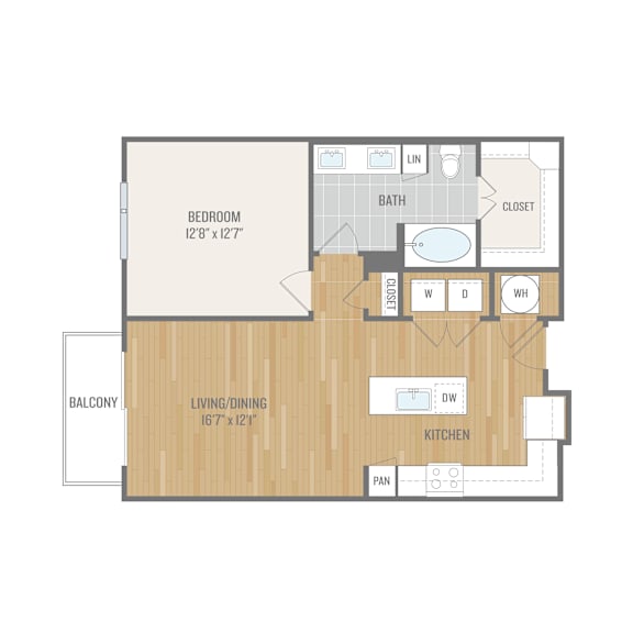 A floor plan of a room with a bedroom, bath, living area, kitchen, and pan.