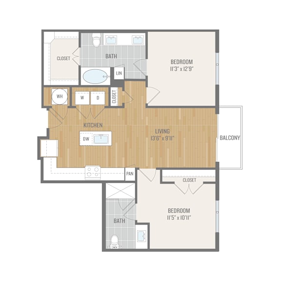 A floor plan of a house with a kitchen, living room, and two bedrooms.
