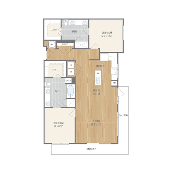 A floor plan of a house with two bedrooms, a kitchen, a bathroom, and a balcony.
