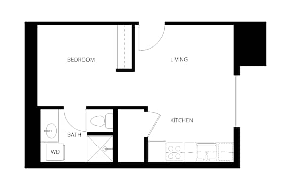 A floor plan of a small apartment with a bedroom, living room, kitchen, bathroom, and a work desk.