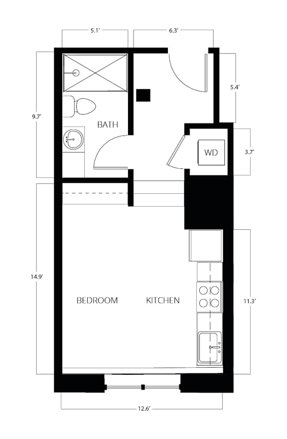 A floor plan of a small apartment with a bedroom, a kitchen, and a bathroom.