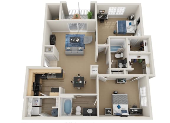 A 3D floor plan of a small apartment with two bedrooms, a living room, and a kitchen.