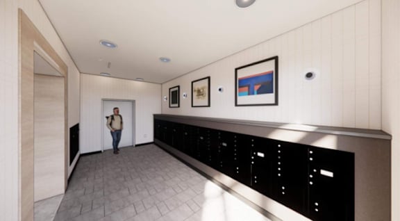 A woman is standing in a hallway with a black counter on the wall.