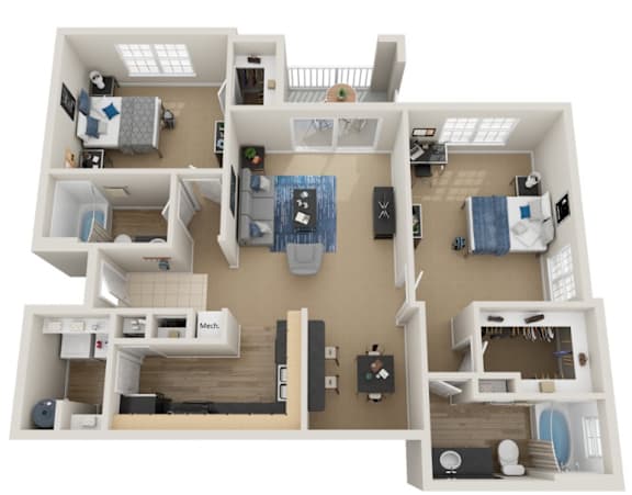 A 3D floor plan of a house with multiple rooms and furniture.
