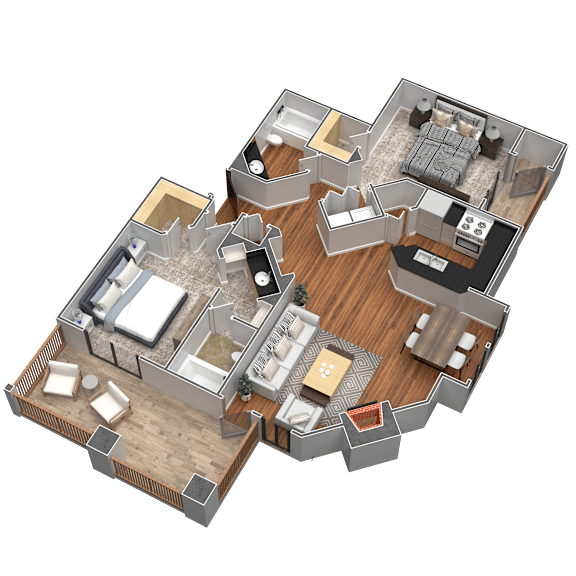 A 3D rendered image of a house layout with multiple rooms.