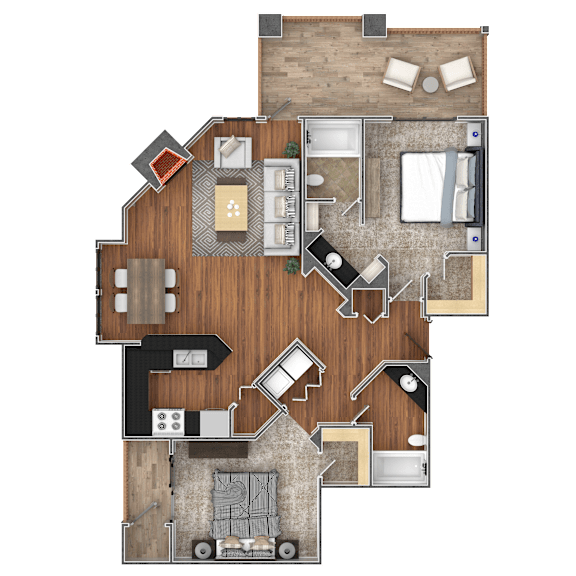 A top-down view of a house layout with a living room, dining area, kitchen, and bedrooms.