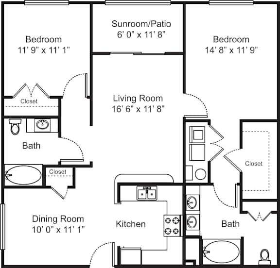 A black and white image of a floor plan for a home with a living room, dining room, kitchen, two bedrooms, a bath, and a sunroom/patio.