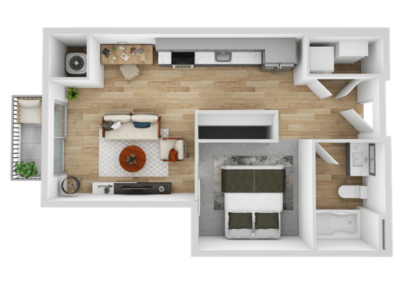 a bedroom floor plan with a bathroom and a living room