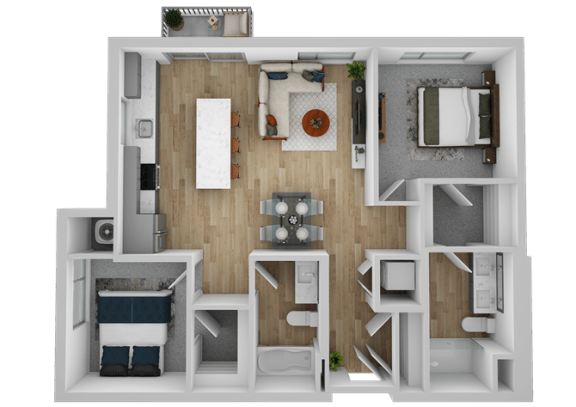 a stylized rendering of a bedroom and living room with a wood floor