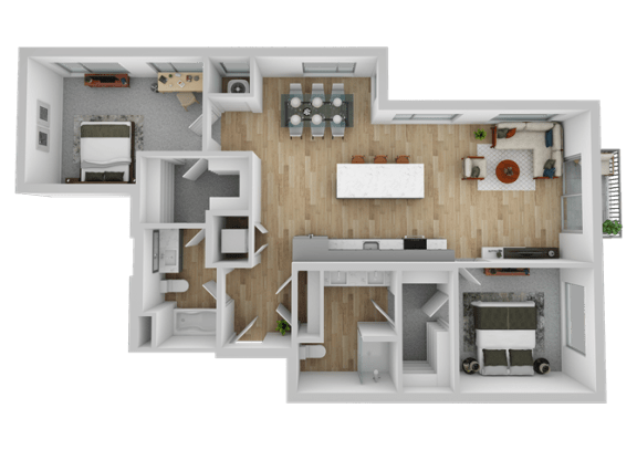 the bedroom floorplan of this apartment is split up into severalartments