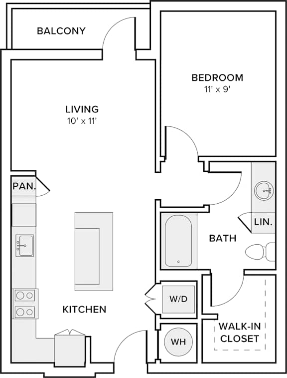 A floor plan of an apartment with a living room, kitchen, bathroom, and bedroom.