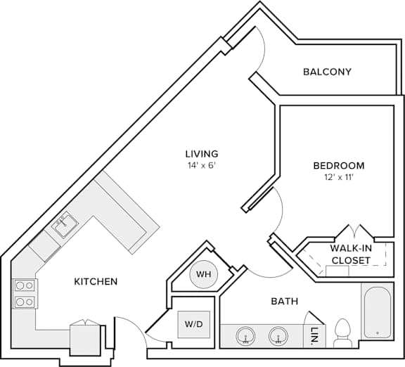 A black and white image of a house floor plan with a living room, bedroom, kitchen, bathroom, and walk-in closet.