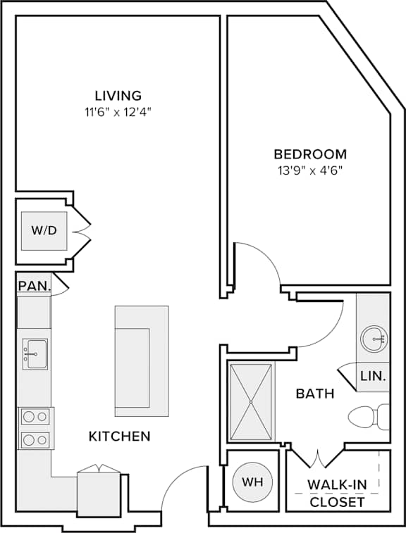 A drawing of a house layout with a living room, kitchen, bedroom, bathroom, and walk-in closet.
