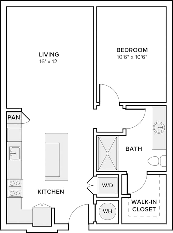 A floor plan of a small apartment with a living room, kitchen, bathroom, and bedroom.