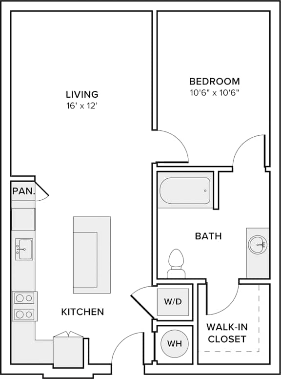 A floor plan of a small apartment with a living room, bedroom, kitchen, and bathroom.