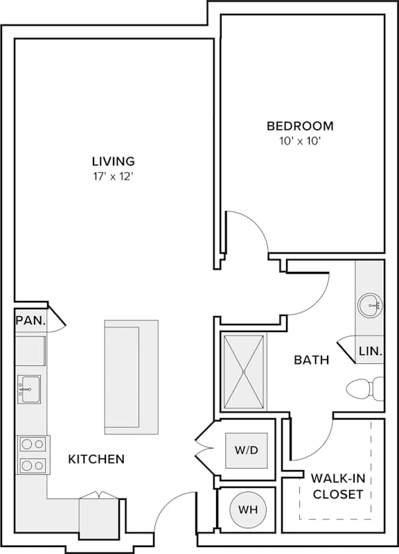 A floor plan of a small apartment with a living room, kitchen, bathroom, and bedroom.