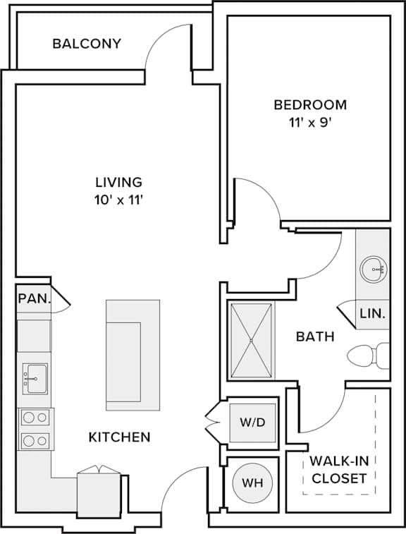 A floor plan of a small apartment with a living room, kitchen, bedroom, and bathroom.