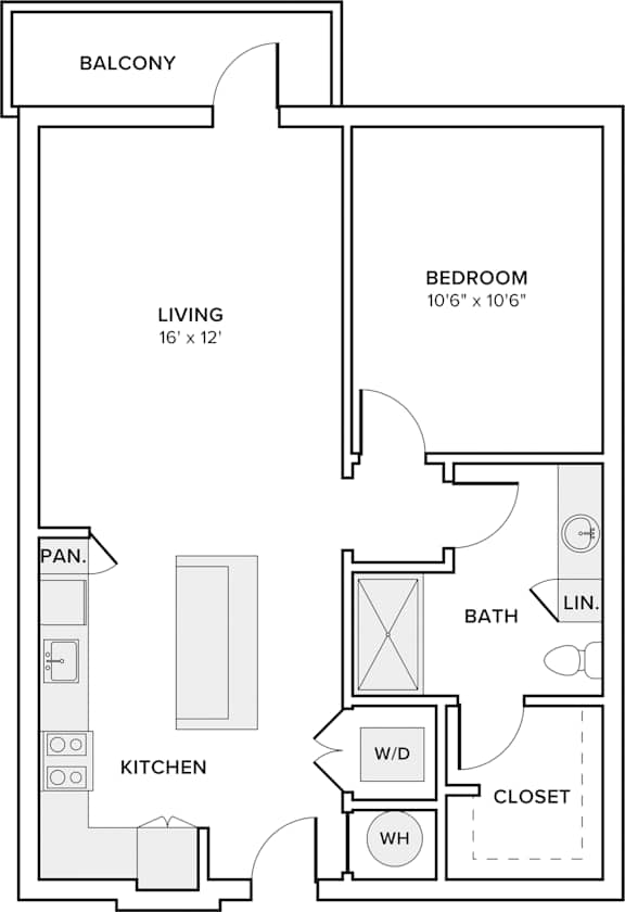 A floor plan of a small apartment with a living room, kitchen, bathroom, and bedroom.