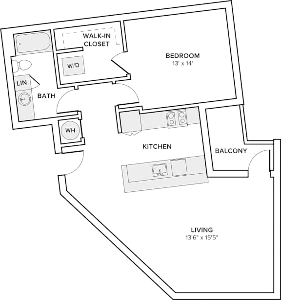 A black and white image of a floor plan for a small apartment.