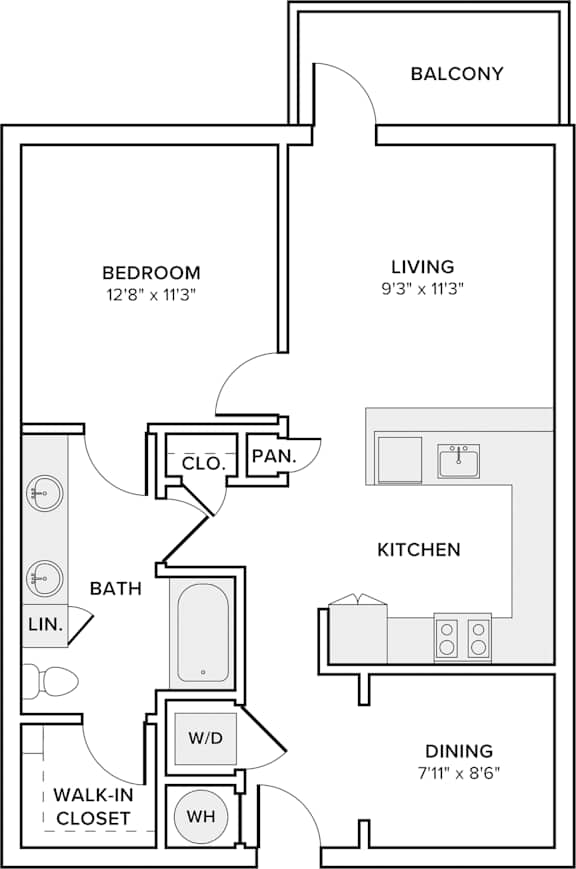 A floor plan of an apartment with a bedroom, living room, kitchen, and dining area.