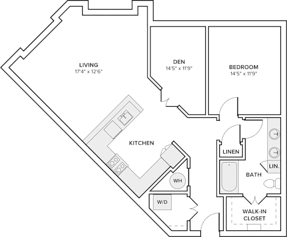 A floor plan of a home with a living room, kitchen, den, bedroom, bathroom, and walk-in closet.