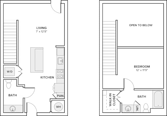 A floor plan of a one bedroom apartment with a living area, kitchen, bathroom and bedroom.