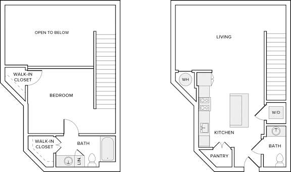 A floor plan of a two bedroom apartment with a living room, kitchen, pantry and bathroom.