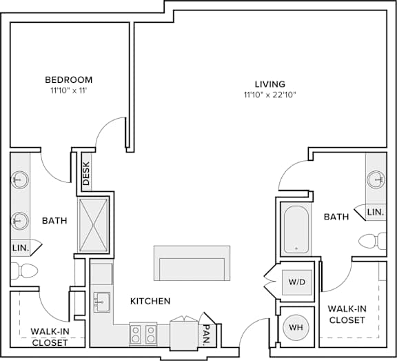 A black and white image of a floor plan for a small apartment.