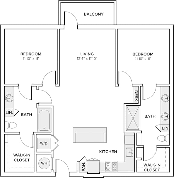 A black and white image of a floor plan for a two bedroom, one bathroom apartment.