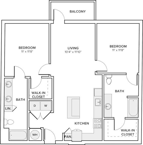 A black and white image of a floor plan for a home with two bedrooms, a living area, a bathroom, a kitchen, and a walk-in closet.