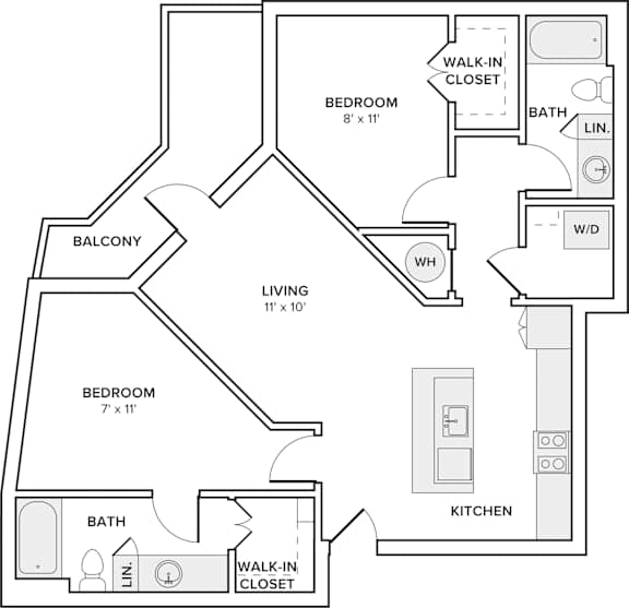 A black and white image of a house floor plan with a balcony, two bedrooms, a living room, a kitchen, and two bathrooms.