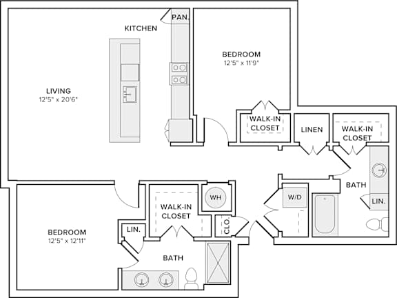 A floor plan of a home with a living room, kitchen, and two bedrooms.
