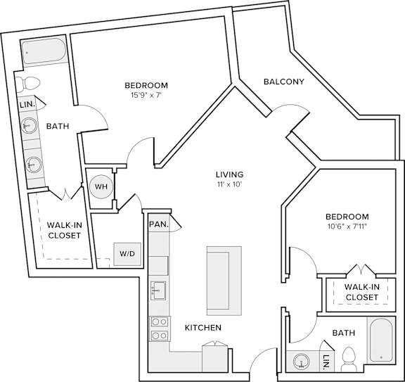 A black and white drawing of a house layout with two bedrooms, a living room, a kitchen, a bath, a walk-in closet, and a pan.