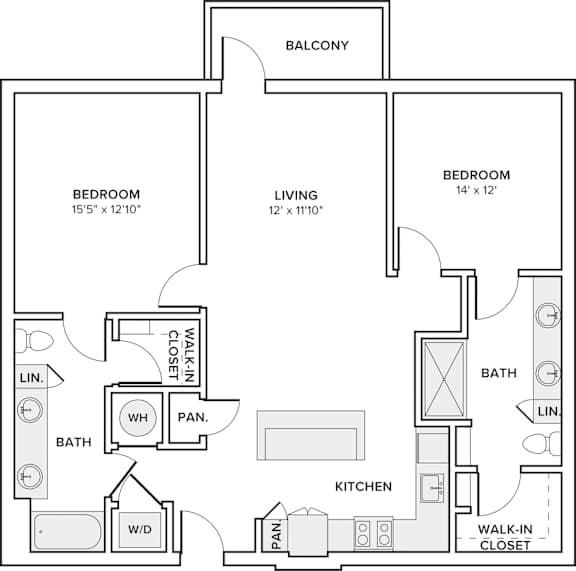 A floor plan of a home with two bedrooms, a living room, a kitchen, a walk-in closet, and a bathroom.