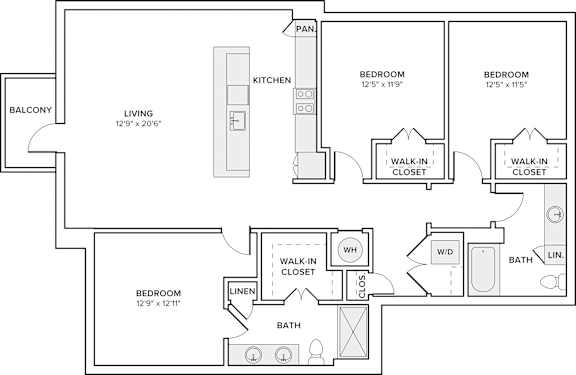 A floor plan of a house with a living room, two bedrooms, a kitchen, a linen closet, a walk-in closet, a bathroom, and a laundry room.