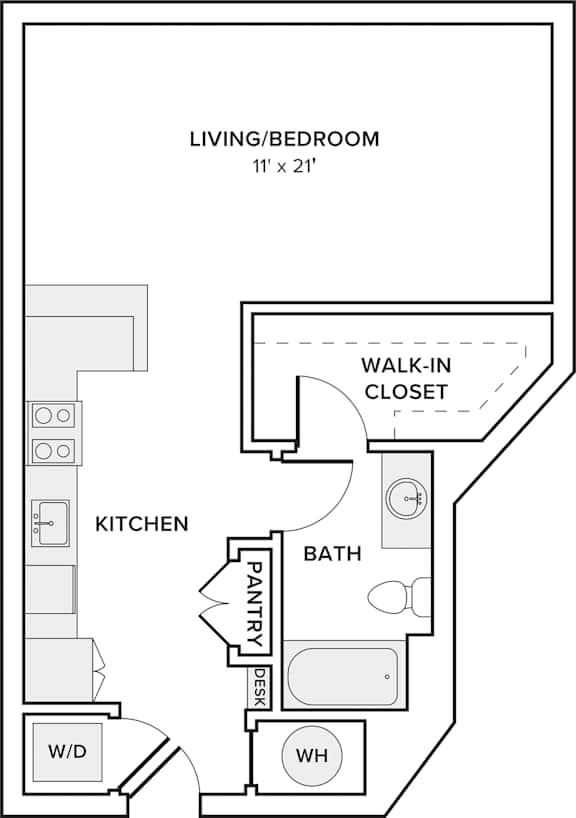 A floor plan of a small apartment with a living room, kitchen, bathroom, pantry, and walk-in closet.