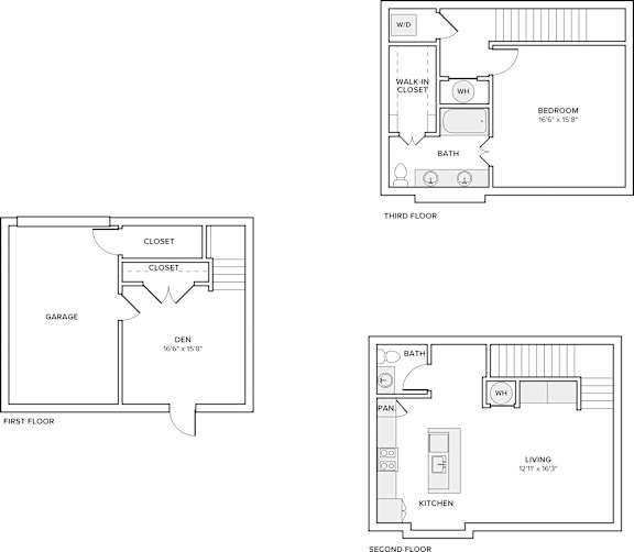 A set of four floor plans for a house with a first, second, and third floor.