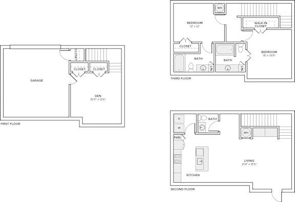 A floor plan of a house with three bedrooms, two bathrooms, a living room, a kitchen, a first floor, a second floor, and a garage.