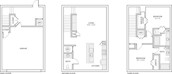 Three floor plans for a house with a first, second, and third floor.