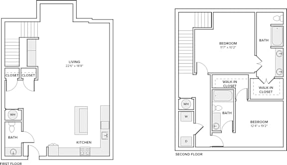 A floor plan of a two-story home with two bedrooms, two bathrooms, a living area, a kitchen, and a first floor closet.