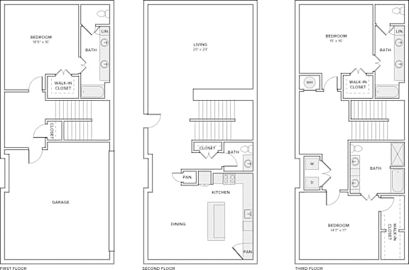 Three floor plans for a house with a garage, living room, and kitchen.