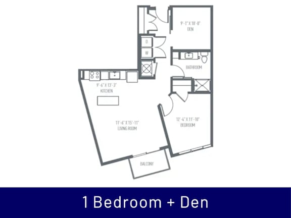 A floor plan of a 1 Bedroom + Den apartment.